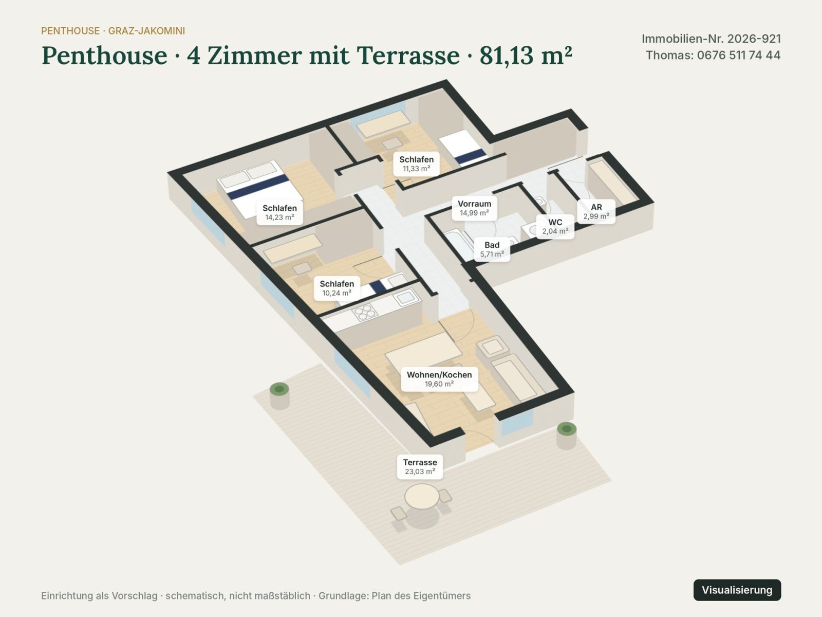 Grundriss: Grundriss 3D – Visualisierung – Graz-Jakomini · Penthouse-Wohnung 4 Zi. 81 m² + 23 m² Terrasse · frei · 297.500 € netto