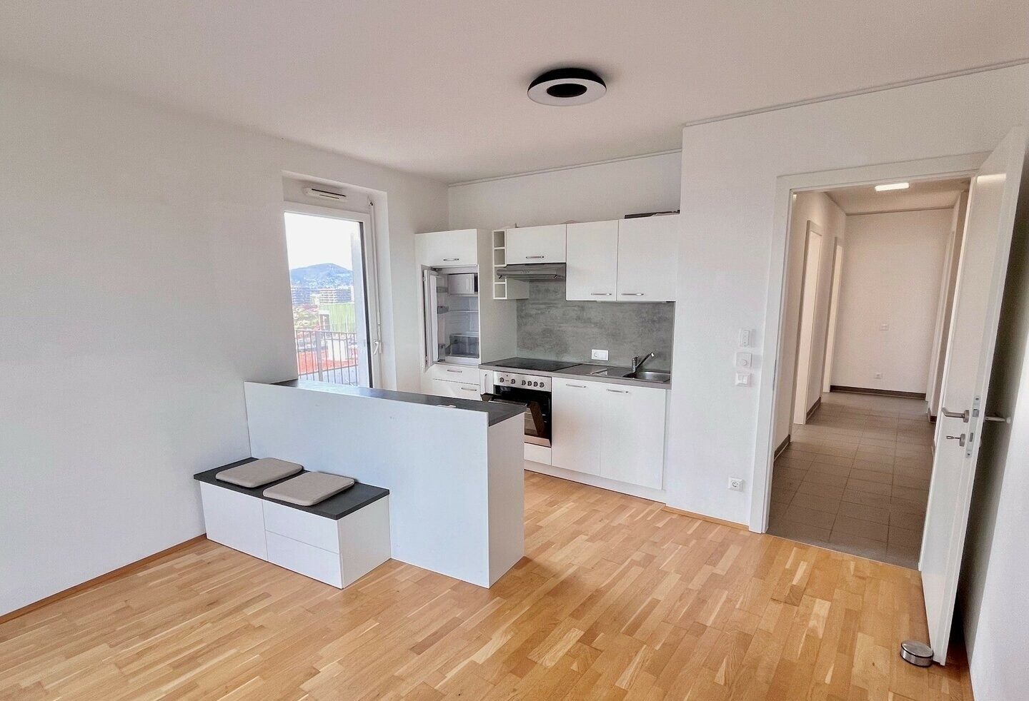 Wohnbereich mit Küche: Graz-Jakomini · Penthouse-Wohnung 4 Zi. 81 m² + 23 m² Terrasse · frei · 297.500 € netto
