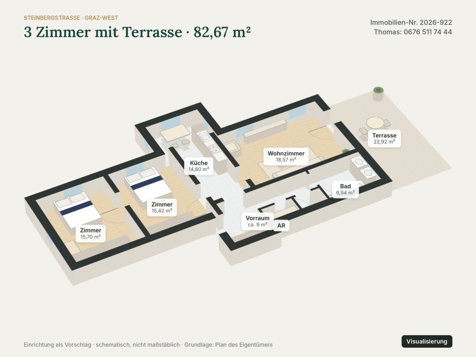 Grundriss: Grundriss 3D – Visualisierung – Graz-West mit Stadtblick · 3 Zimmer 83 m² + 23 m² Terrasse + Parkplatz · vermietet · 6 % Rendite · 96.000 €