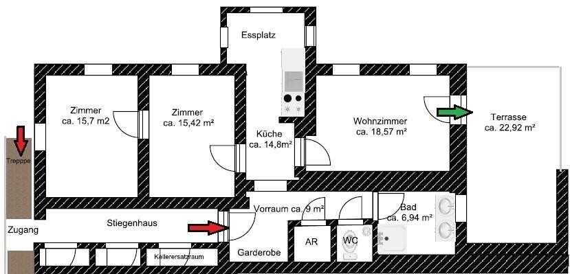 Grundriss: Grundriss (Plan des Eigentümers) – Graz-West mit Stadtblick · 3 Zimmer 83 m² + 23 m² Terrasse + Parkplatz · vermietet · 6 % Rendite · 96.000 €
