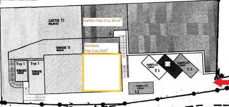 Grundriss: Lageplan Außenanlagen (Plan des Eigentümers) – Graz-West mit Stadtblick · 2 Zimmer 54 m² + 25 m² Terrasse + Garten · vermietet · 6 % Rendite · 118.000 €