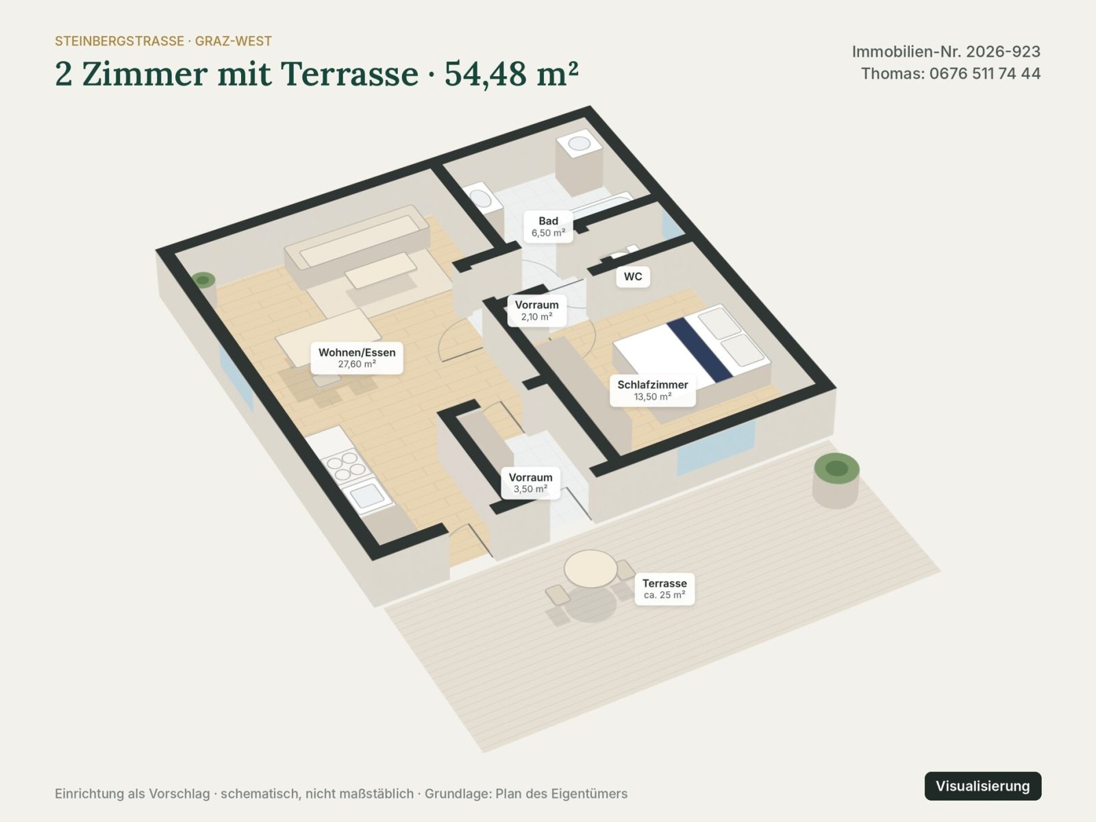 Grundriss: Grundriss 3D – Visualisierung – Graz-West mit Stadtblick · 2 Zimmer 54 m² + 25 m² Terrasse + Garten · vermietet · 6 % Rendite · 118.000 €
