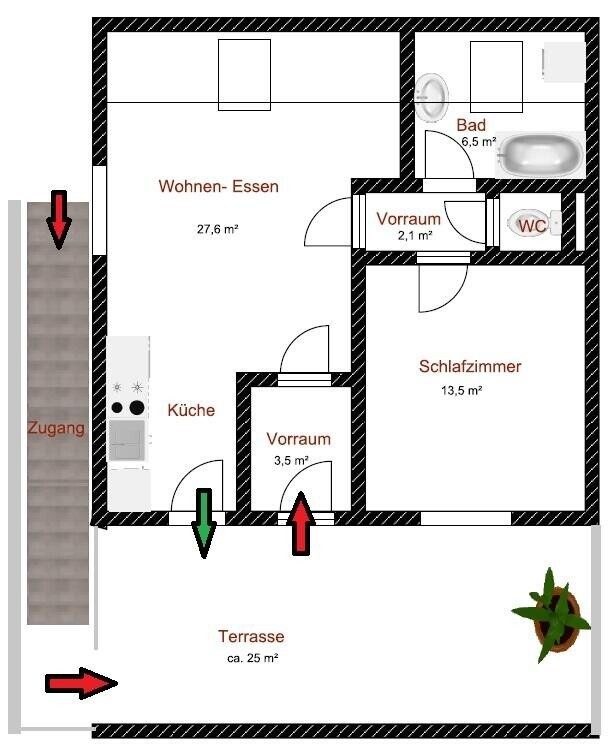 Grundriss: Grundriss (Plan des Eigentümers) – Graz-West mit Stadtblick · 2 Zimmer 54 m² + 25 m² Terrasse + Garten · vermietet · 6 % Rendite · 118.000 €