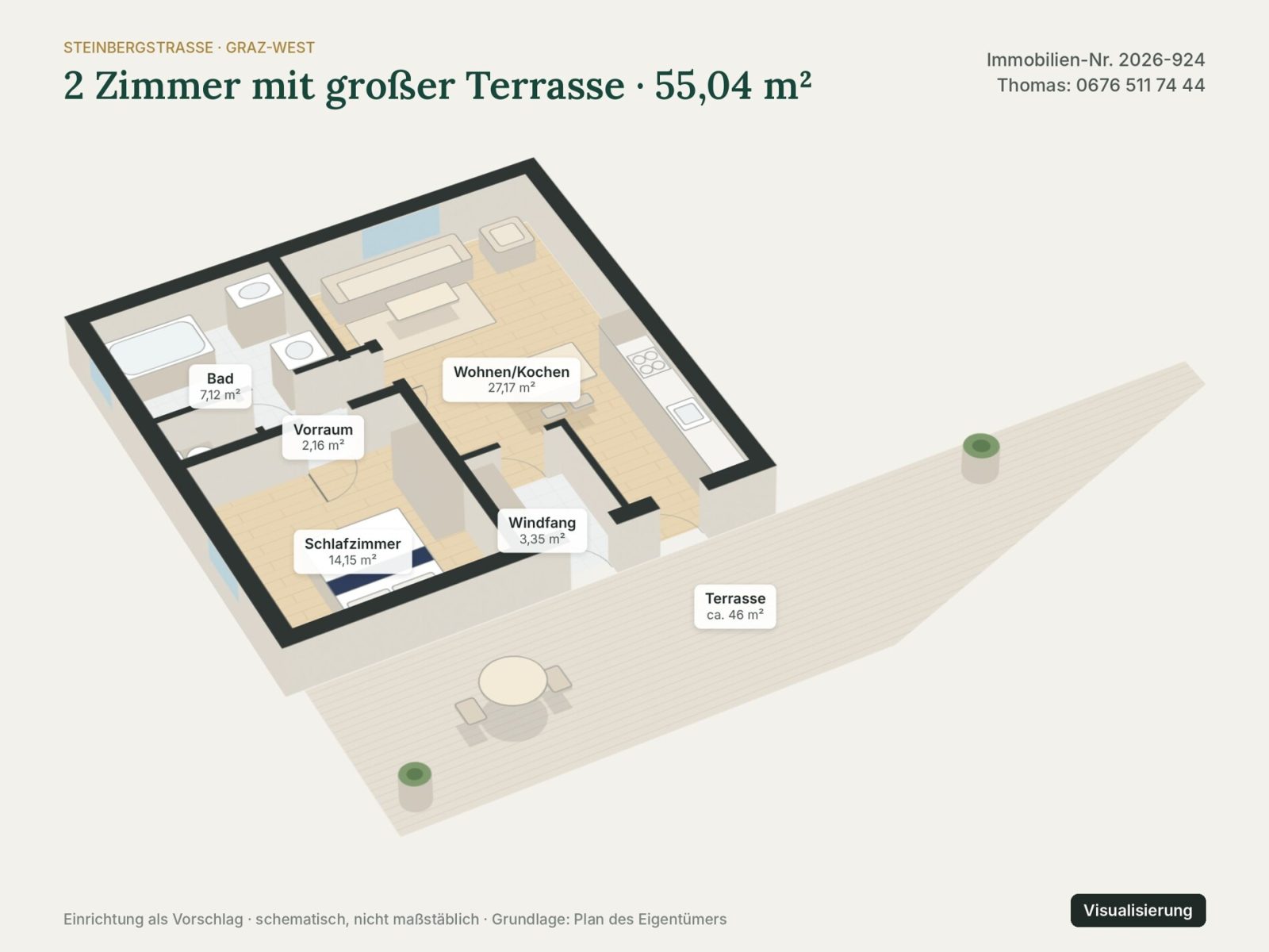 Grundriss: Grundriss 3D – Visualisierung – Graz-West mit Stadtblick · 2 Zimmer 55 m² + 46 m² Terrasse + Garten · 6 % Rendite · 125.000 €